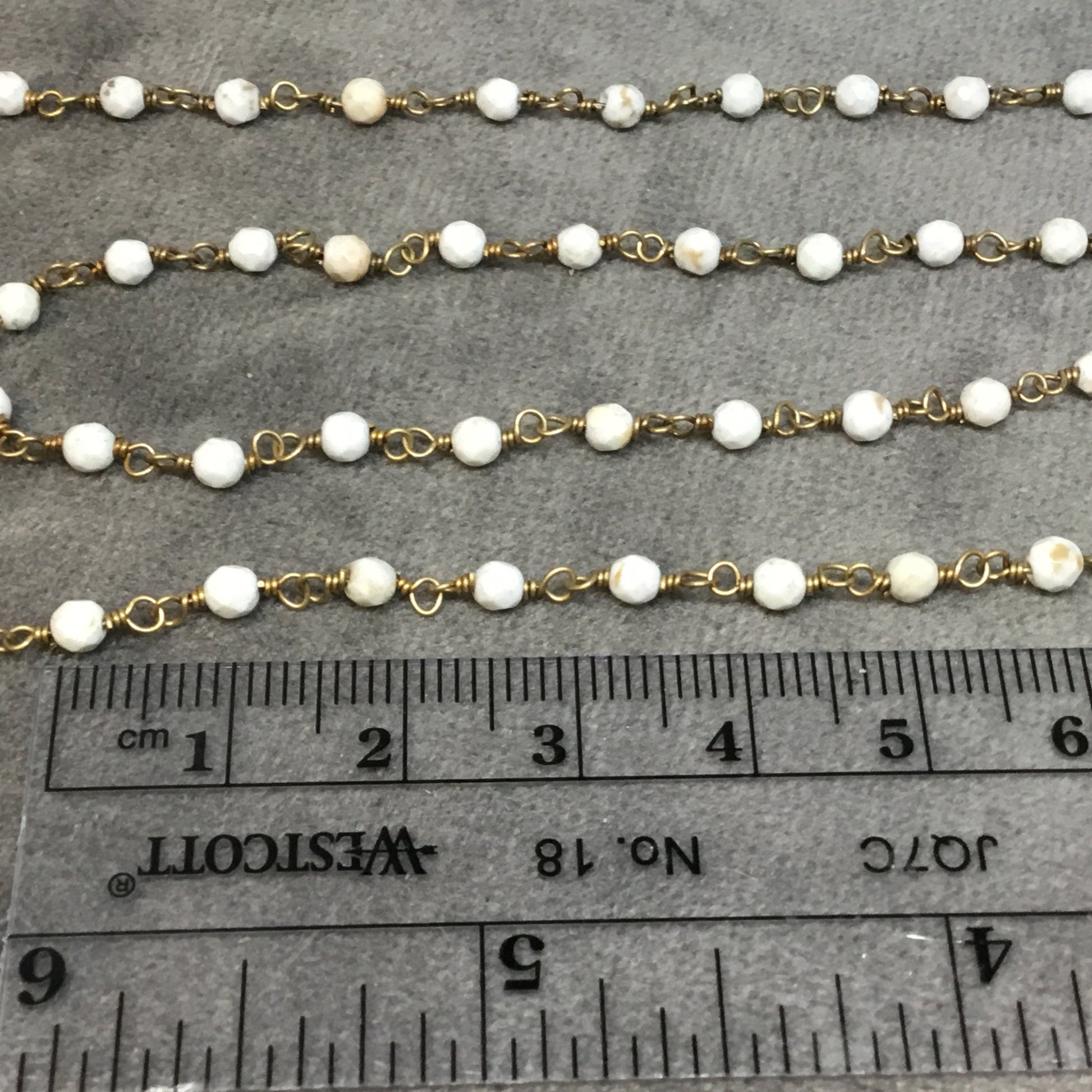 Brass Plated Copper Rosary Chain with 3mm Faceted Round Shaped White Buffalo Turquoise Beads - Sold by the Foot! - Natural Beaded Chain