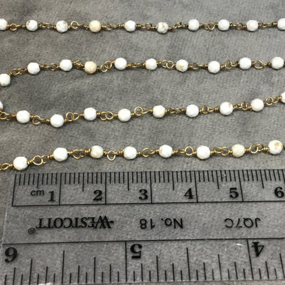 Brass Plated Copper Rosary Chain with 3mm Faceted Round Shaped White Buffalo Turquoise Beads - Sold by the Foot! - Natural Beaded Chain