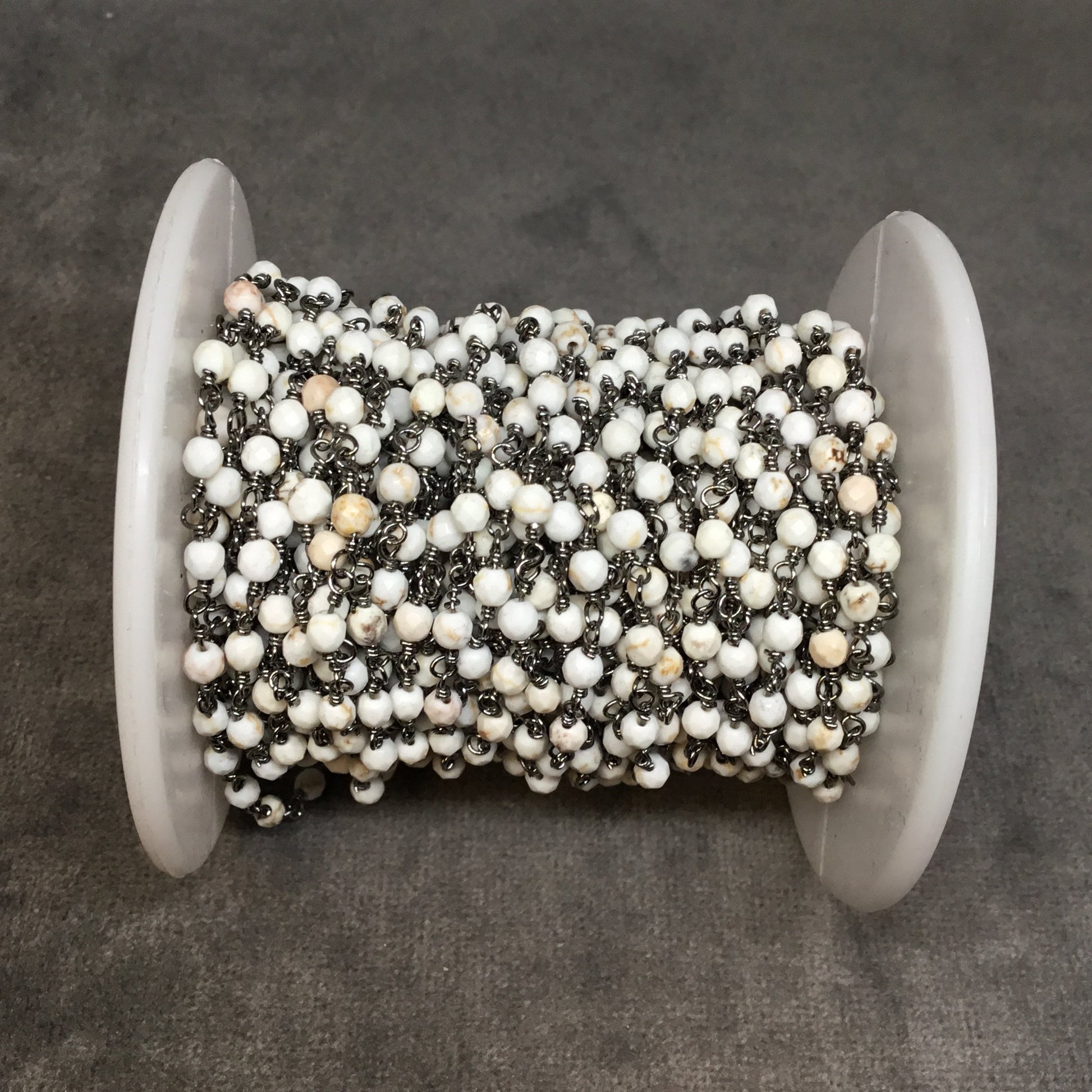 Gunmetal Plated Copper Rosary Chain with 3mm Faceted Round Shaped White Buffalo Turquoise Beads - Sold by the Foot! - Natural Beaded Chain