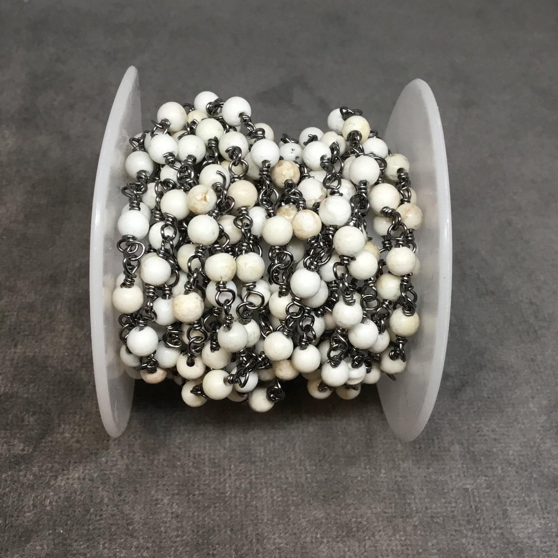 Gunmetal Plated Copper Rosary Chain with 4mm Smooth Round Shaped White Buffalo Turquoise Beads - Sold by the Foot! - Natural Beaded Chain