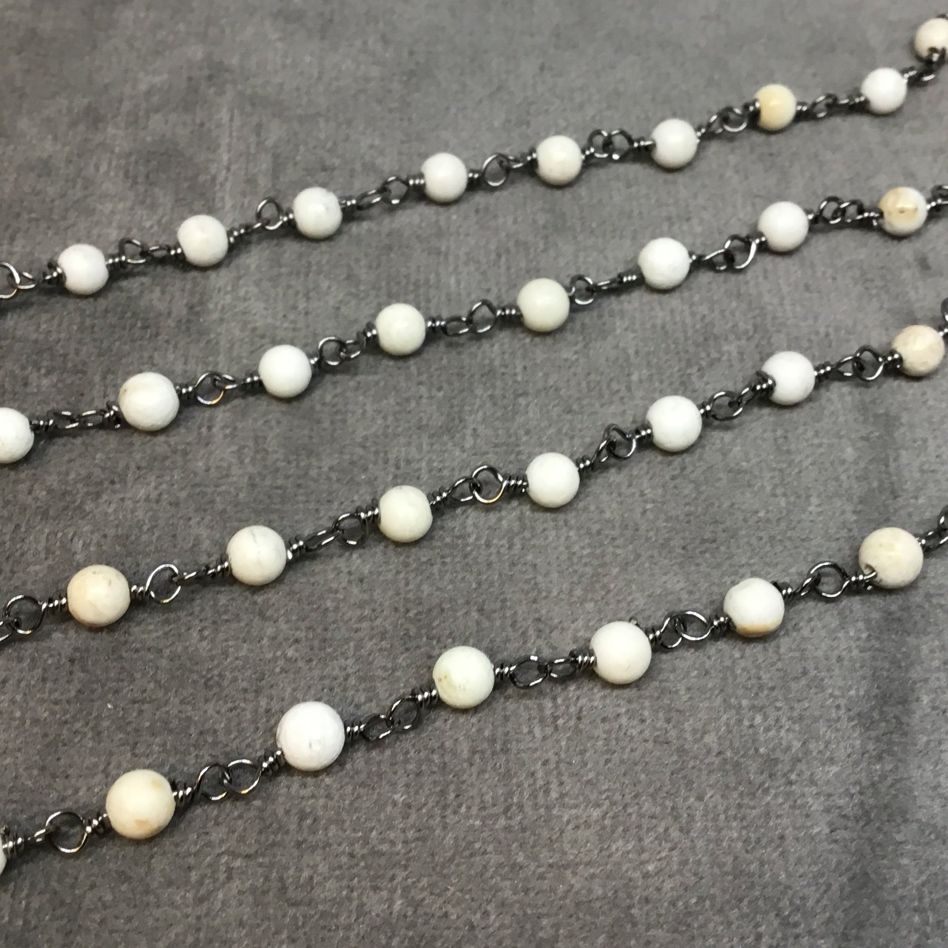 Gunmetal Plated Copper Rosary Chain with 4mm Smooth Round Shaped White Buffalo Turquoise Beads - Sold by the Foot! - Natural Beaded Chain