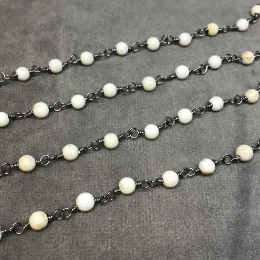 Gunmetal Plated Copper Rosary Chain with 4mm Smooth Round Shaped White Buffalo Turquoise Beads - Sold by the Foot! - Natural Beaded Chain