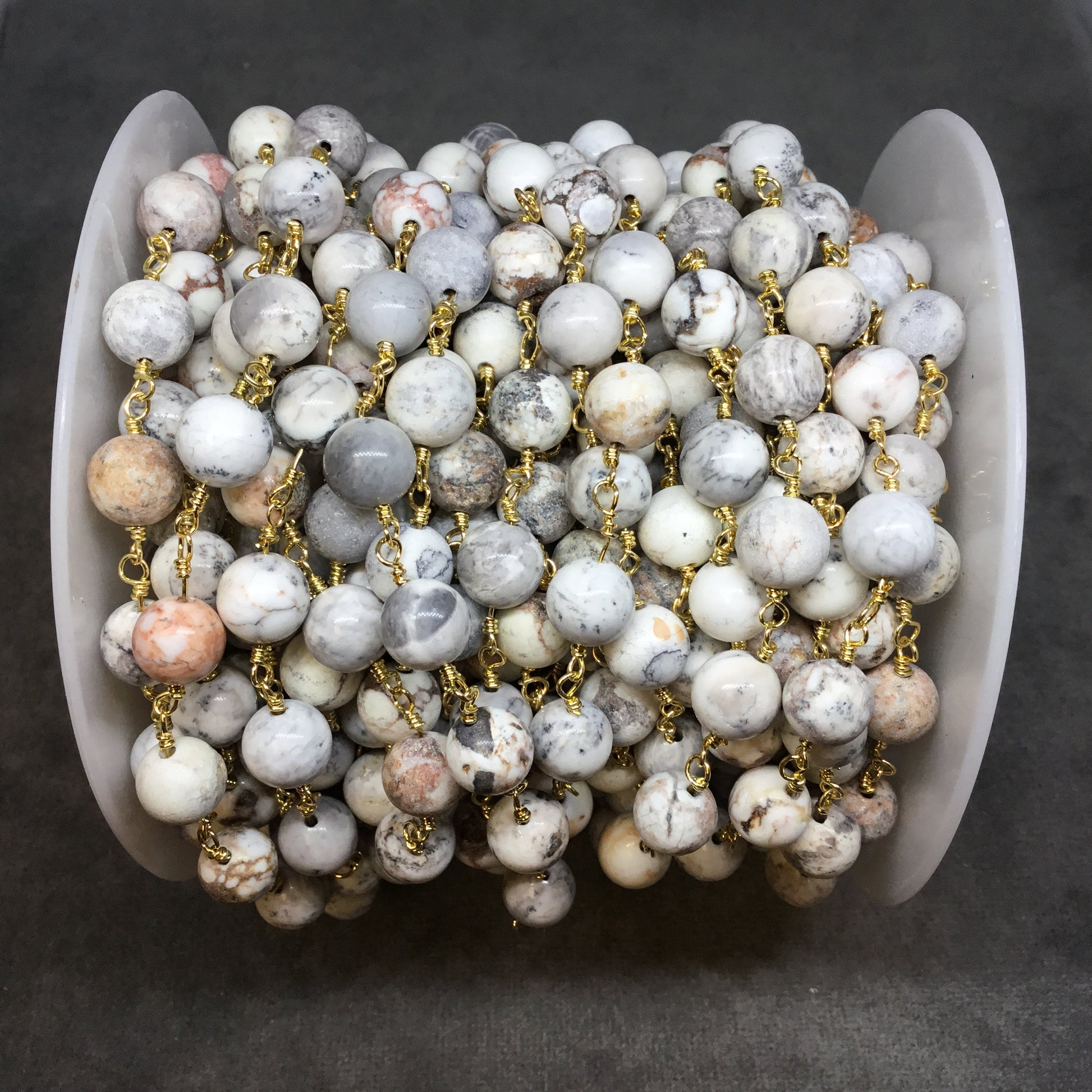 Gold Plated Copper Rosary Chain with 8mm Smooth Round Shaped White Buffalo Turquoise Beads - Sold by the Foot! - Natural Beaded Chain
