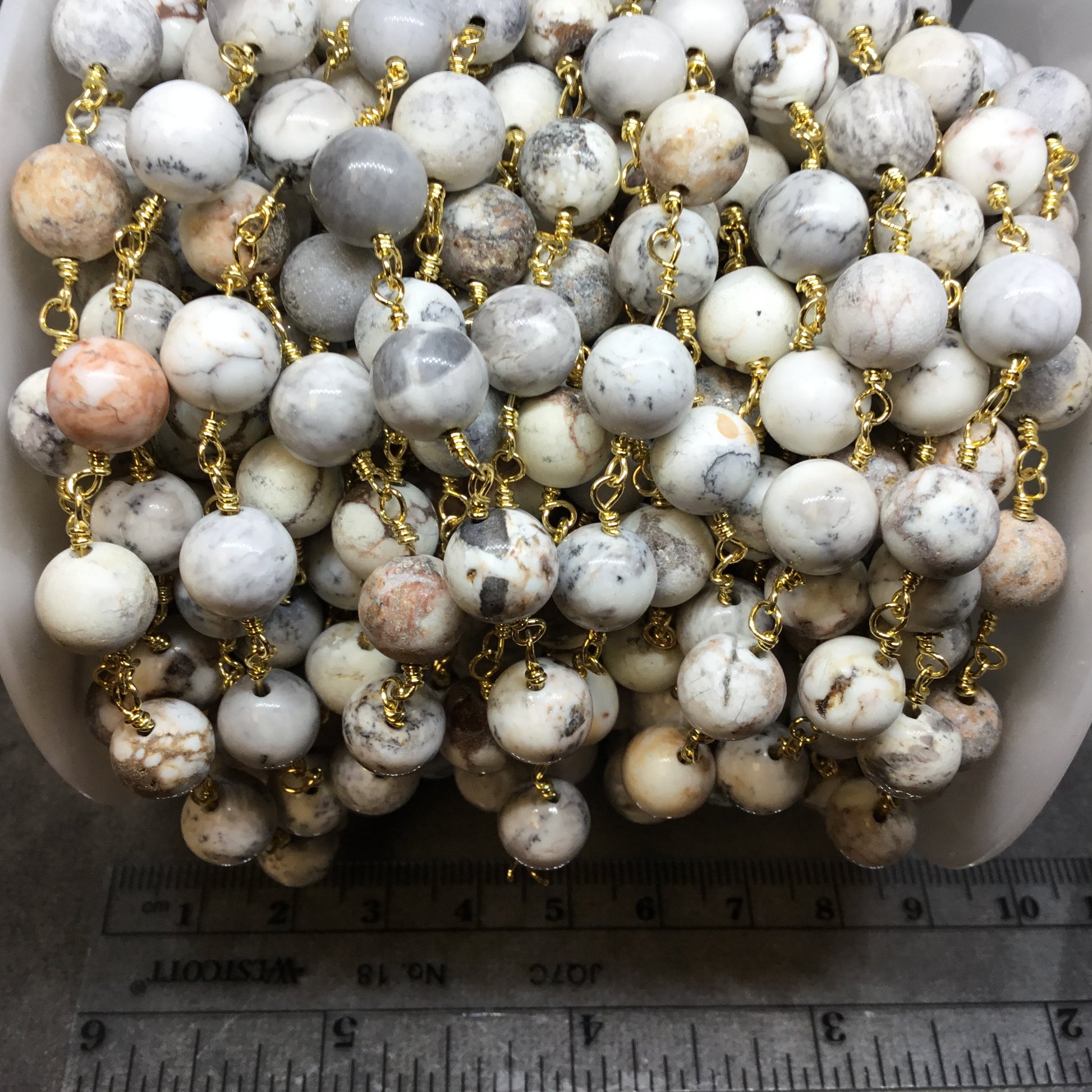 Gold Plated Copper Rosary Chain with 8mm Smooth Round Shaped White Buffalo Turquoise Beads - Sold by the Foot! - Natural Beaded Chain