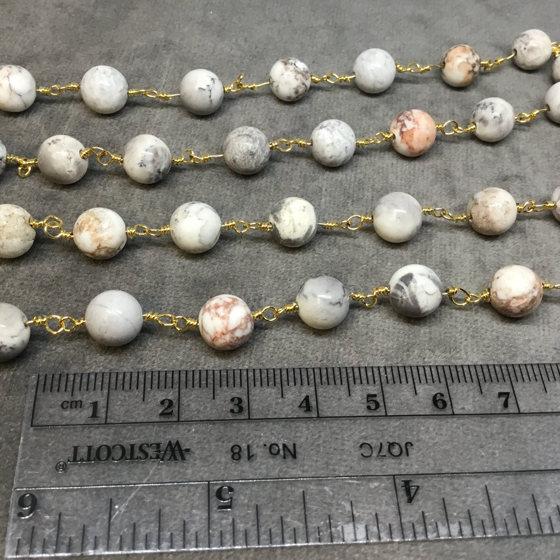 Gold Plated Copper Rosary Chain with 8mm Smooth Round Shaped White Buffalo Turquoise Beads - Sold by the Foot! - Natural Beaded Chain