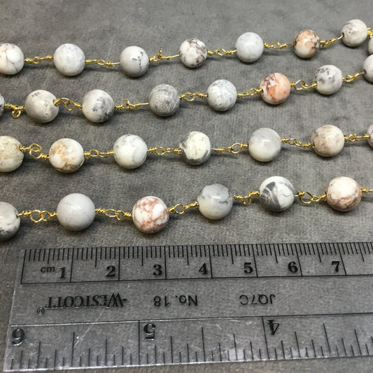 Gold Plated Copper Rosary Chain with 8mm Smooth Round Shaped White Buffalo Turquoise Beads - Sold by the Foot! - Natural Beaded Chain