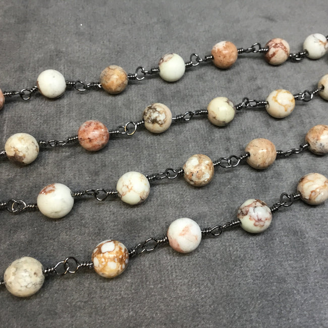 Gunmetal Plated Copper Rosary Chain with 8mm Smooth Round Shaped White Buffalo Turquoise Beads - Sold by the Foot! - Natural Beaded Chain
