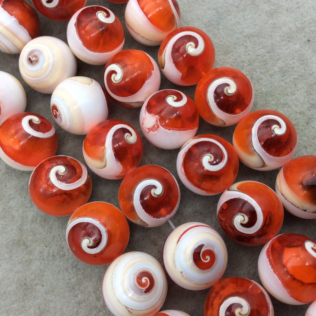 Round/Ball Shape Orange/Beige/White Shiva Eye Shell Beads - 16" Strand (Approx. 20 Beads) - Measuring 20mm - Natural Shell Beads