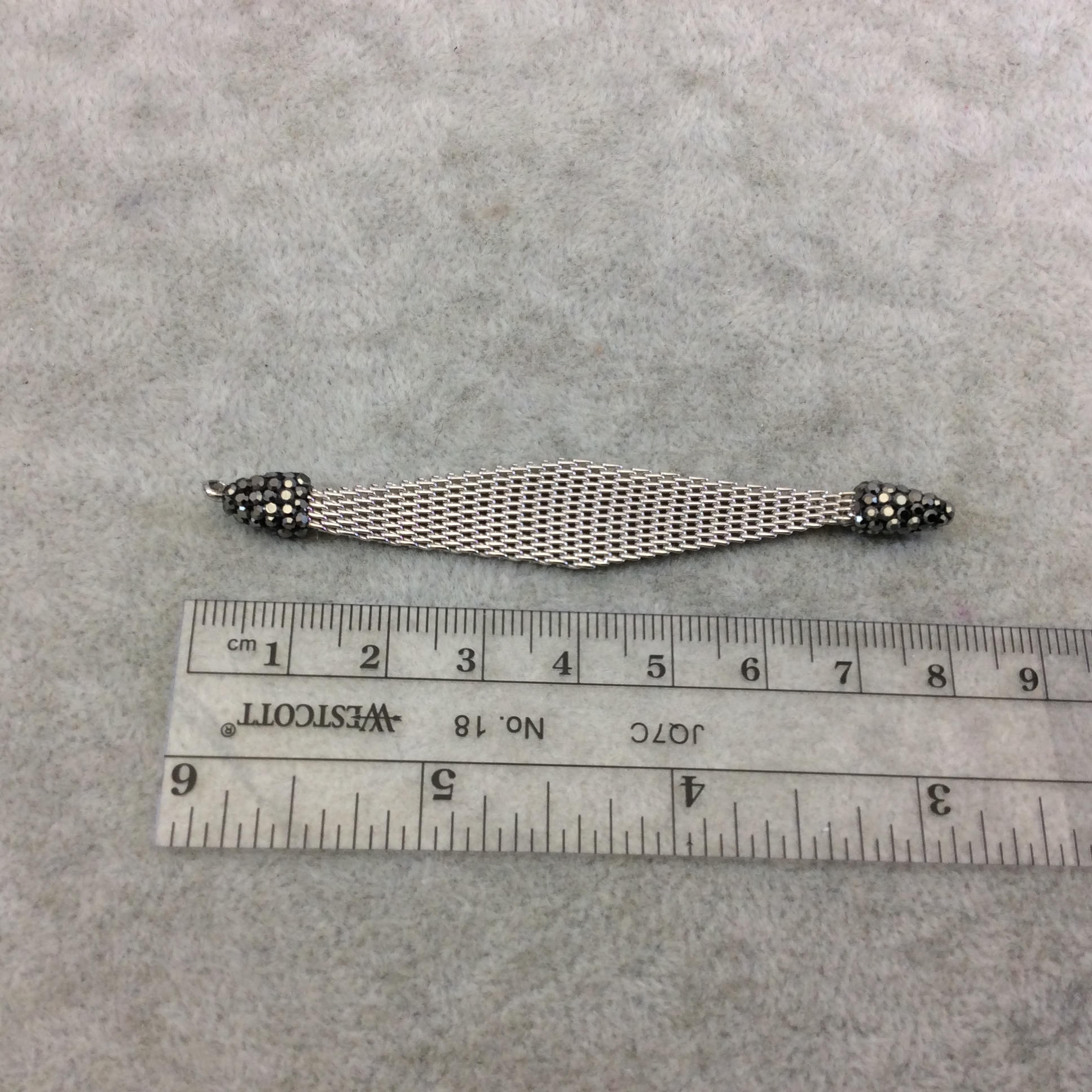 3.25" Pave Rhinestone Encrusted Silver Mesh Diamond Shape Pendant W Gray/Gunmetal Rhinestones - Measuring 12mm x 80mm, Approx. Sold Per Each
