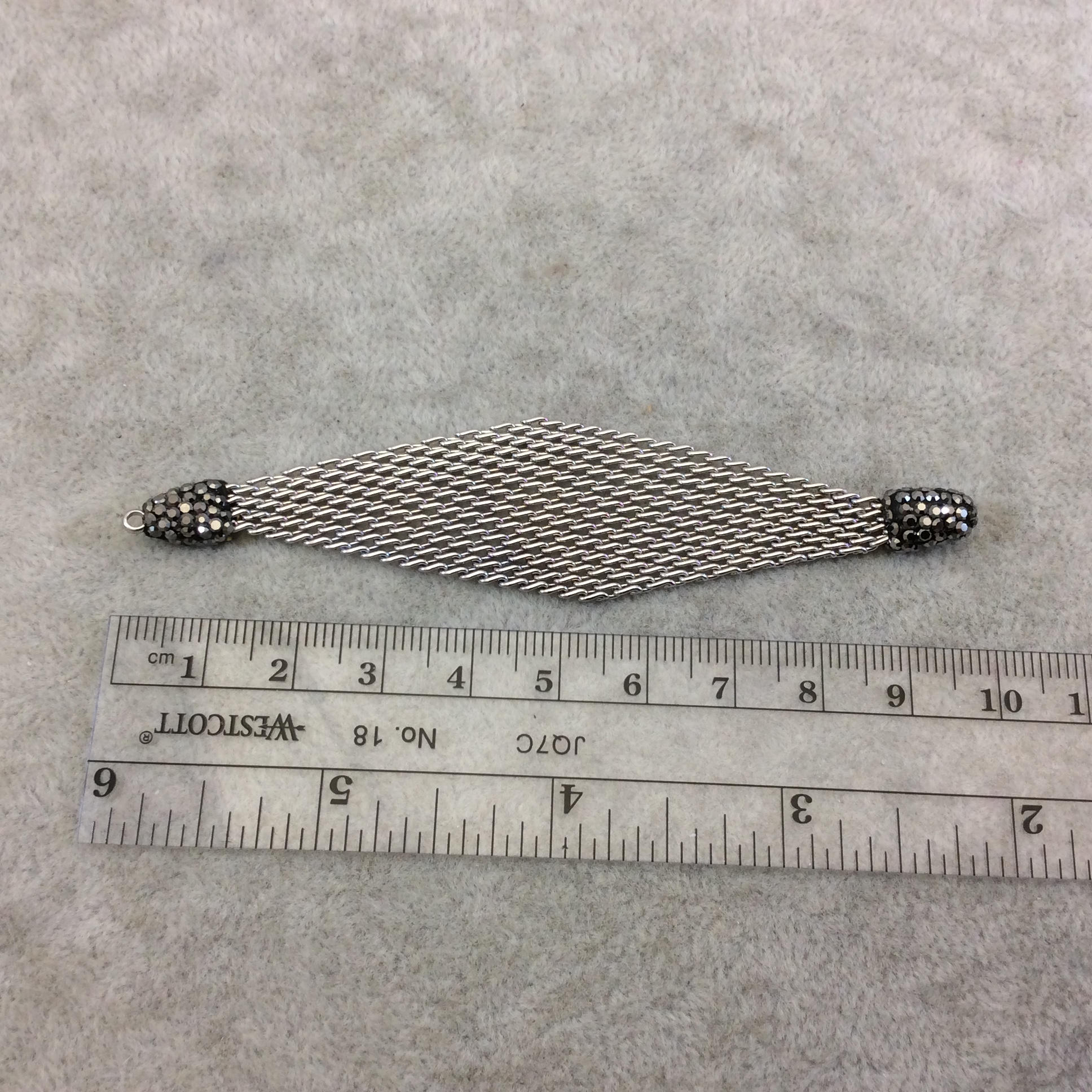 4" Pave Rhinestone Encrusted Silver Mesh Diamond Shaped Pendant W Gray/Gunmetal Rhinestones - Measuring 23mm x 97mm, Approx. Sold Per Each