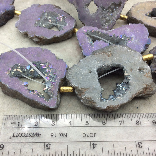 35-45mm x 55-65mm Large Gray/Purple Titanium Coated Druzy Agate Geode Slab Beads - Approximately 6-8 beads per strand - Natural Gemstone