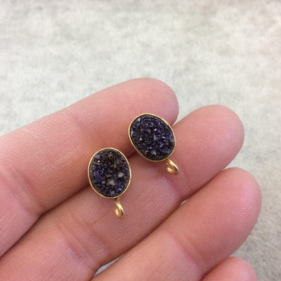 One Pair of BACKLESS Purple/Black Color Coated Natural Druzy Oval Shape Gold Plated Stud Earrings W Attached Jump Rings - Measure 8mm x 10mm