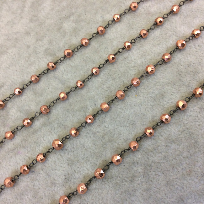 Gunmetal Plated Copper Wrapped Rosary Chain with 3-4mm Faceted Rose Gold Plated Pyrite Rondelle Beads (173-GM) - Sold by 1' Cut Sections!