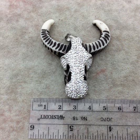 2.5" Silver Rhinestone Steer Skull Shaped Acrylic Resin Pendant with Rhinestone Eyes & Attached Bail - ~ 50mm x 60mm. - Sold Individually