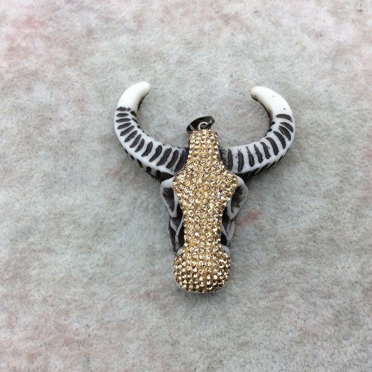 2.5" Gold Rhinestone Steer Skull Shaped Acrylic Resin Pendant with Attached Bail - Measuring 50mm x 60mm, Approx. - Sold Individually