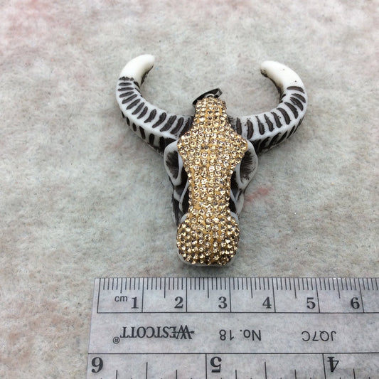 2.5" Gold Rhinestone Steer Skull Shaped Acrylic Resin Pendant with Attached Bail - Measuring 50mm x 60mm, Approx. - Sold Individually