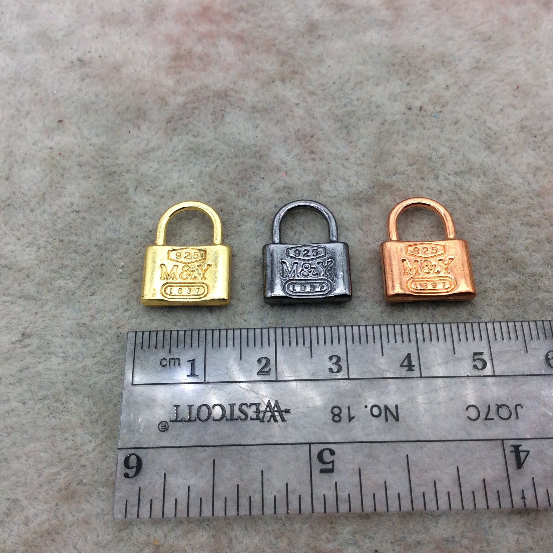 5/8" Padlock Shape Plated Copper Metal Pendant/Charm - Measures 12mm x 17mm  - Three Colors Available, See Variations!