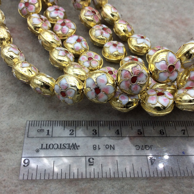 15mm Decorative Floral Gold Round Pillow Shaped Metal/Enamel Cloisonné Beads - Sold by 15" Strands (Approx. 28 Beads Per Strand)