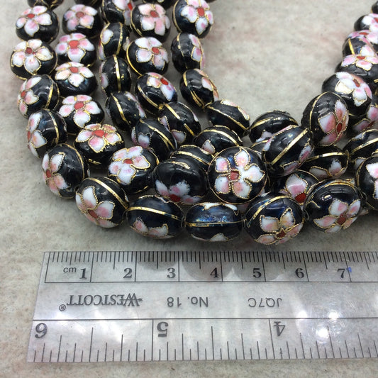 15mm Decorative Floral Black Round Pillow Shaped Metal/Enamel Cloisonné Beads - Sold by 15" Strands (Approx. 28 Beads Per Strand)