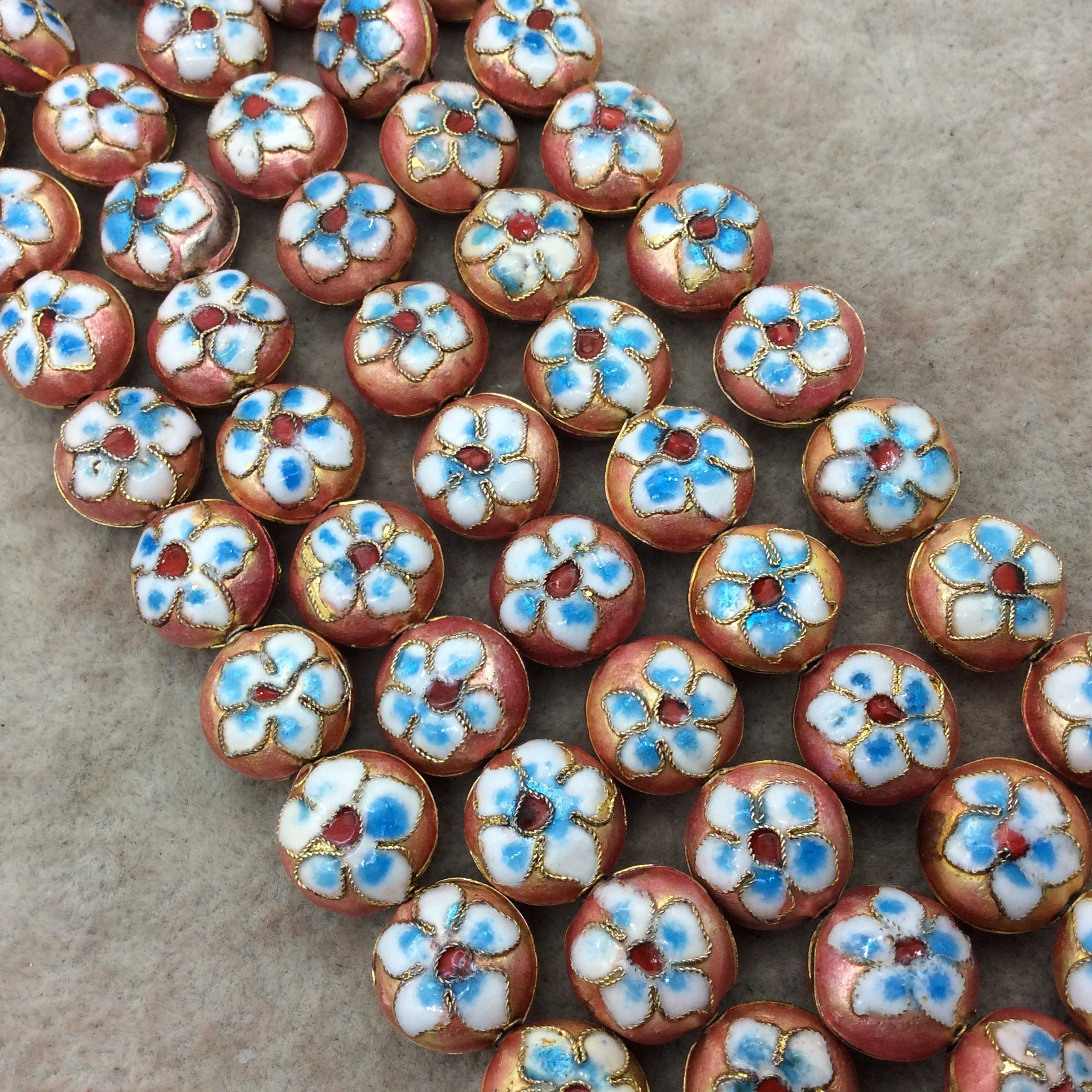 15mm Decorative Floral Peach Round Pillow Shaped Metal/Enamel Cloisonné Beads - Sold by 15" Strands (Approx. 28 Beads Per Strand)