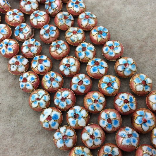 15mm Decorative Floral Peach Round Pillow Shaped Metal/Enamel Cloisonné Beads - Sold by 15" Strands (Approx. 28 Beads Per Strand)