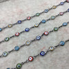 Gunmetal Plated Rosary Chain with Smooth 6mm Rainbow Evil Eye Beads - Sold by the Foot! - Natural Beaded Chain