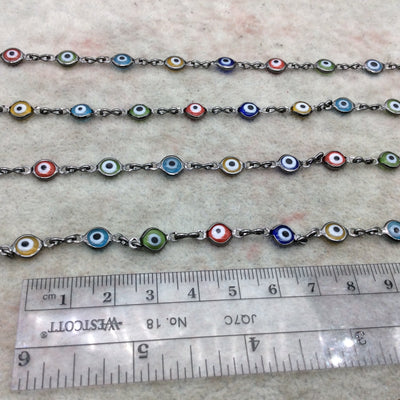 Gunmetal Plated Rosary Chain with Smooth 6mm Rainbow Evil Eye Beads - Sold by the Foot! - Natural Beaded Chain