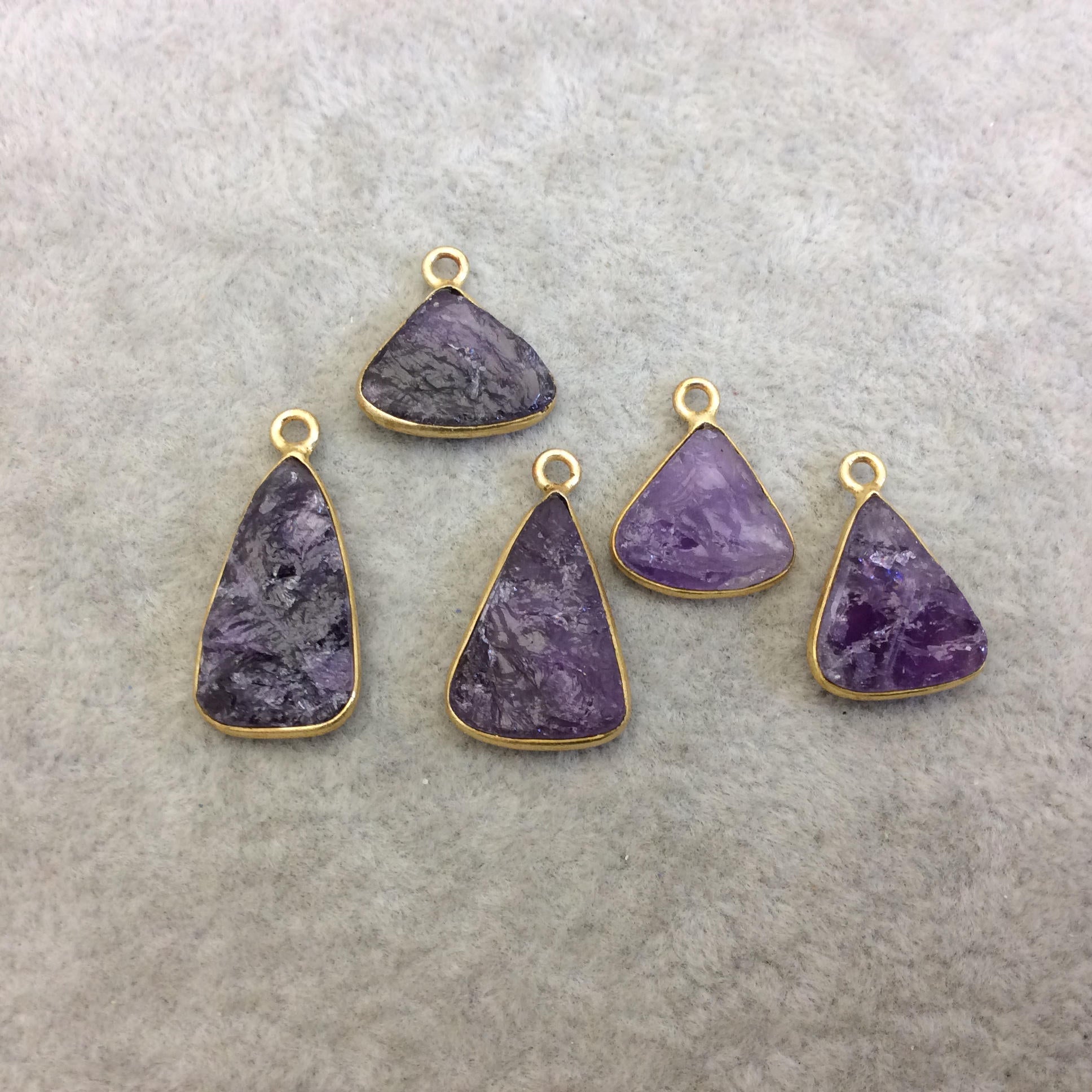 Jeweler's Lot OOAK Gold Plated Natural Raw Amethyst Five Flat Back Freeform Copper Bezel Pendants "RAM11" ~ 12-20mm Long - Sold As Shown!