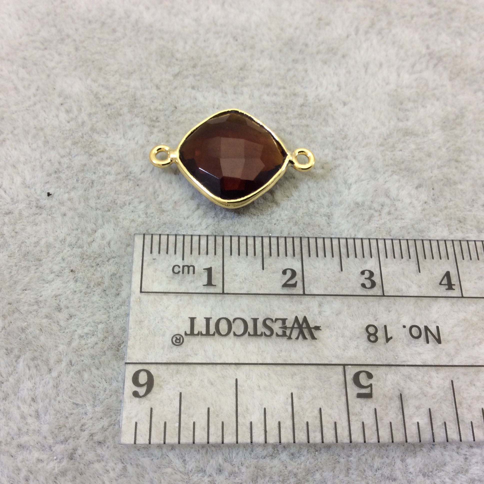 Gold Finish Faceted Root Beer Quartz (Hydro)  Diamond Shape Plated Copper Bezel Connector  ~ 12mm x 12mm - Sold Individually - RANDOM