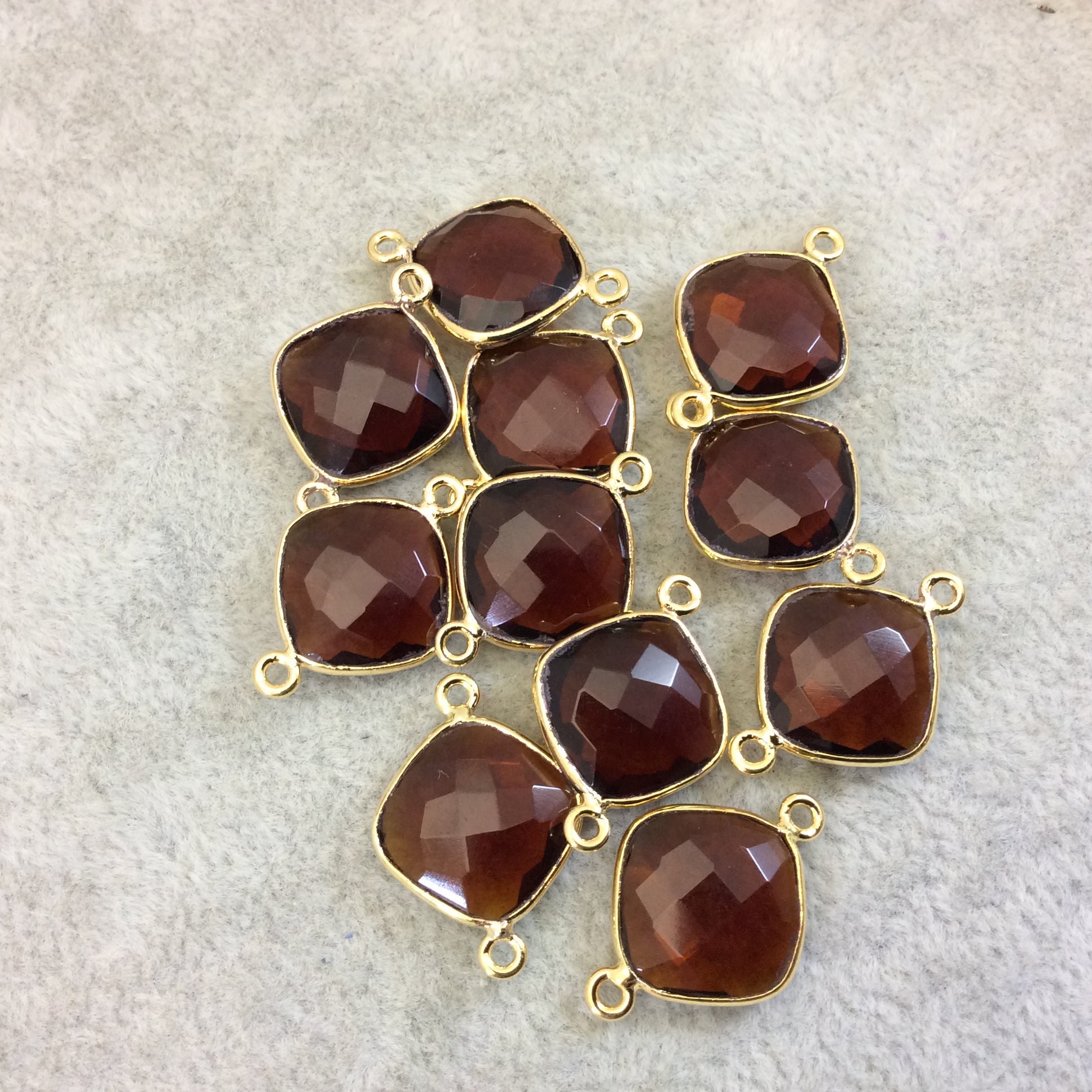 Gold Finish Faceted Root Beer Quartz (Hydro)  Diamond Shape Plated Copper Bezel Connector  ~ 12mm x 12mm - Sold Individually - RANDOM