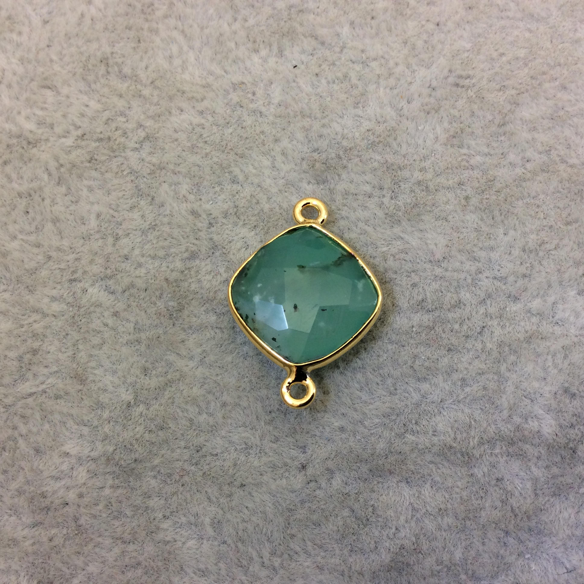 Gold Finish Faceted Chrysoprase  Diamond Shape Plated Copper Bezel Connector Component - ~ 12mm x 12mm - Sold Individually - RANDOM