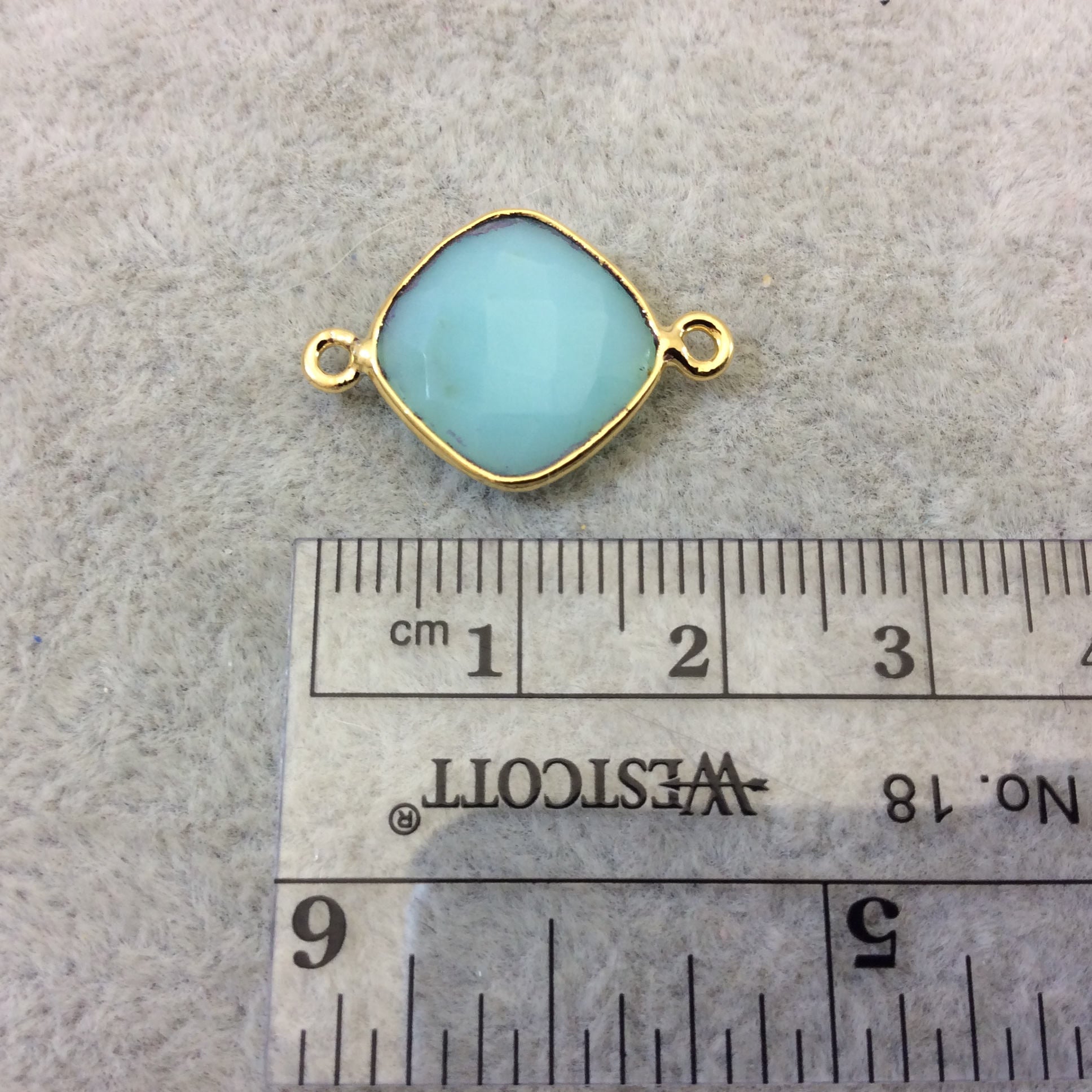 Gold Finish Faceted Chrysoprase  Diamond Shape Plated Copper Bezel Connector Component - ~ 12mm x 12mm - Sold Individually - RANDOM