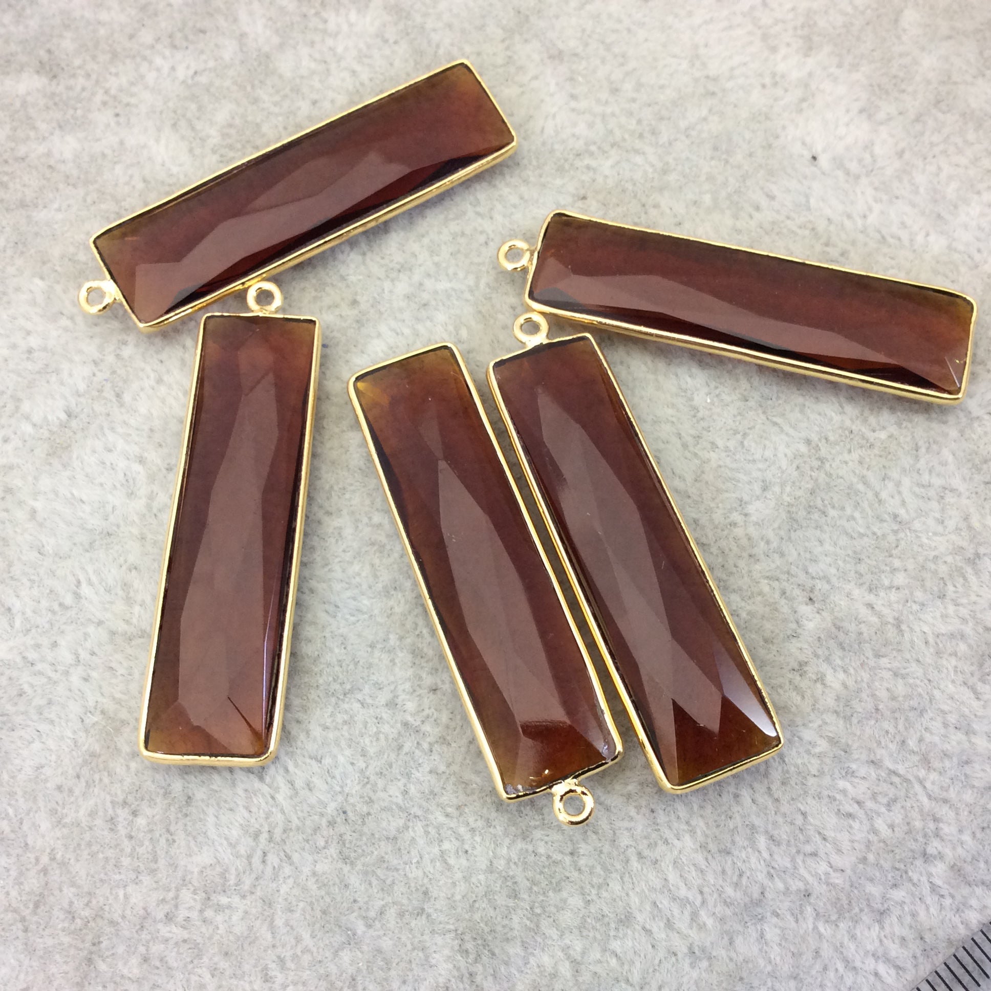 Gold Plated Faceted Root Beer Quartz (Hydro) Rectangle/Bar Shaped Bezel Pendant  ~ 10mm x 40mm - Sold Individually, Chosen Randomly