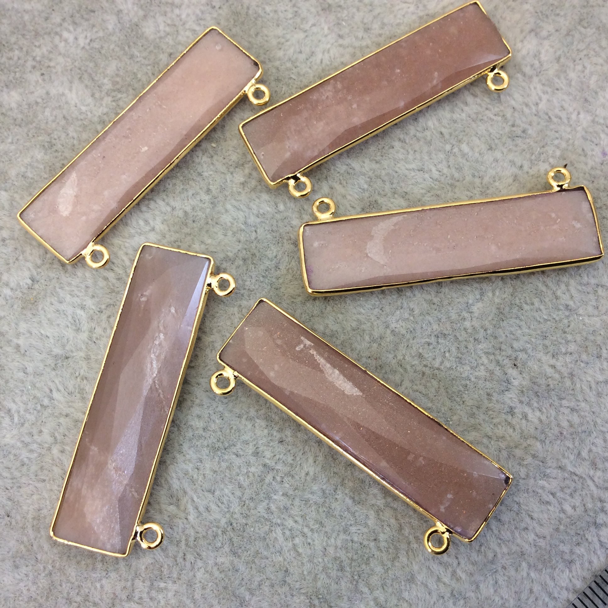 Gold Plated Faceted Natural Peach Moonstone Rectangle/Bar Shaped Bezel Connector  ~ 10mm x 40mm - Sold Individually, Chosen Randomly