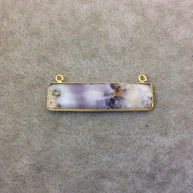 Gold Plated Faceted Natural Dendritic Opal Rectangle/Bar Shaped Bezel Connector  ~ 10mm x 40mm - Sold Individually, Chosen Randomly