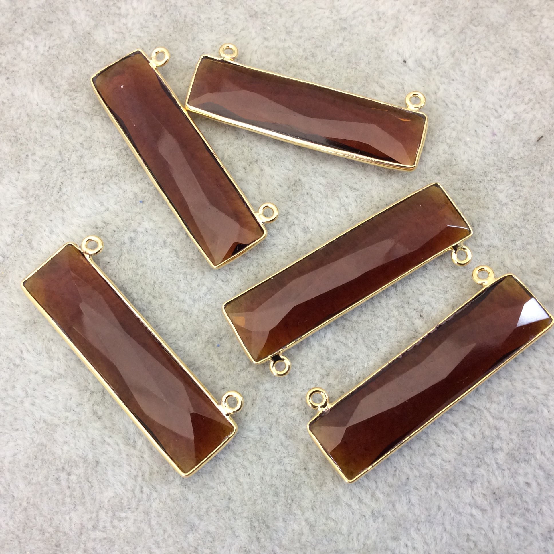 Gold Plated Faceted Root Beer Quartz (Hydro) Rectangle/Bar Shaped Bezel Connector  ~ 10mm x 40mm - Sold Individually, Chosen Randomly
