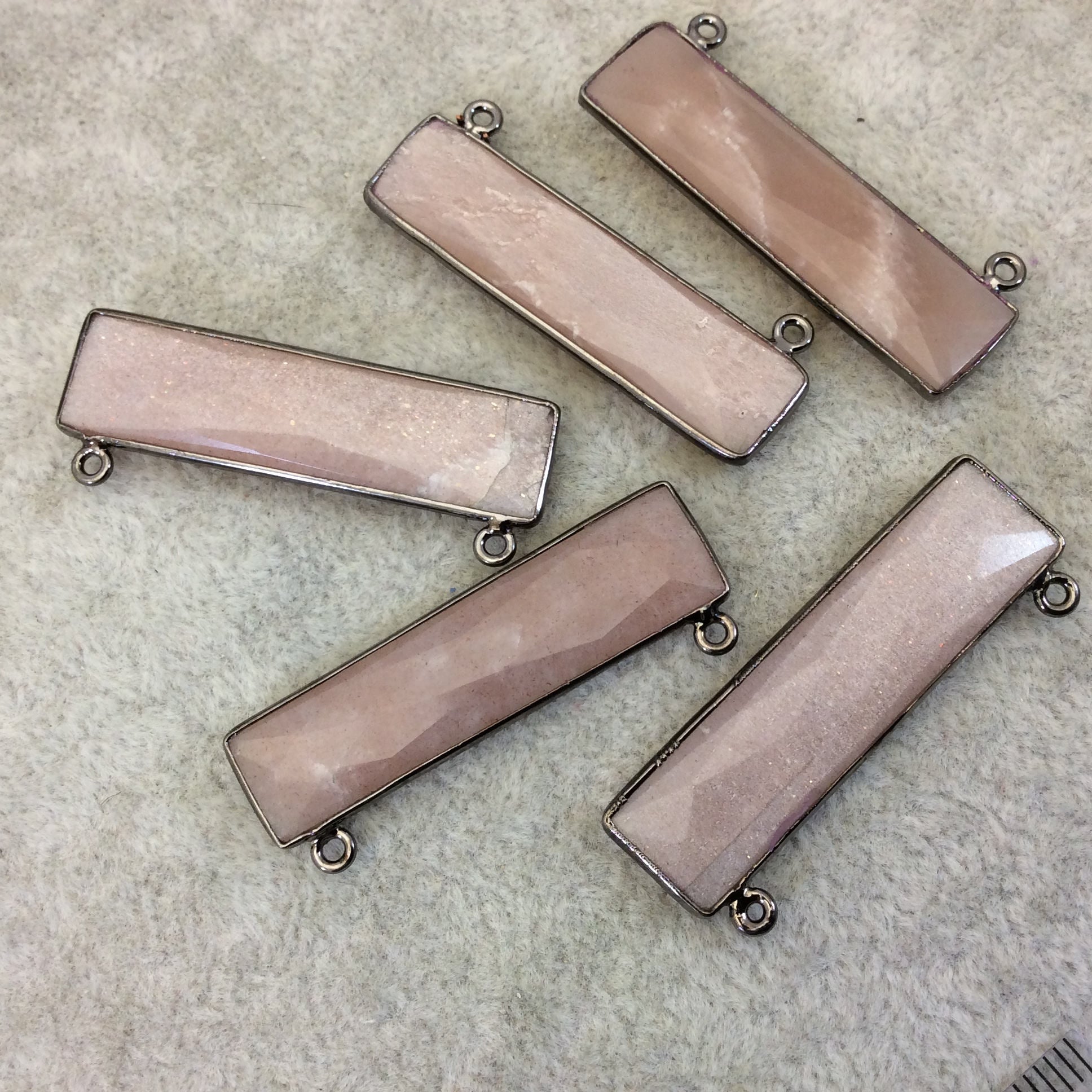 Gunmetal Plated Faceted Natural Peach Moonstone Rectangle/Bar Shaped Bezel Connector  ~ 10mm x 40mm - Sold Individually, Chosen Randomly