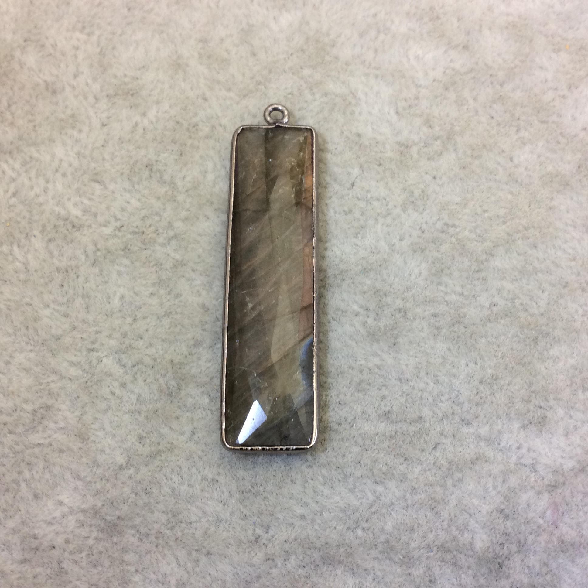 Labradorite Bezel | Gunmetal Plated Faceted Natural Rainbow Rectangle/Bar Shaped Pendant - ~ 10mm x 40mm -Sold Individually, Chosen Randomly
