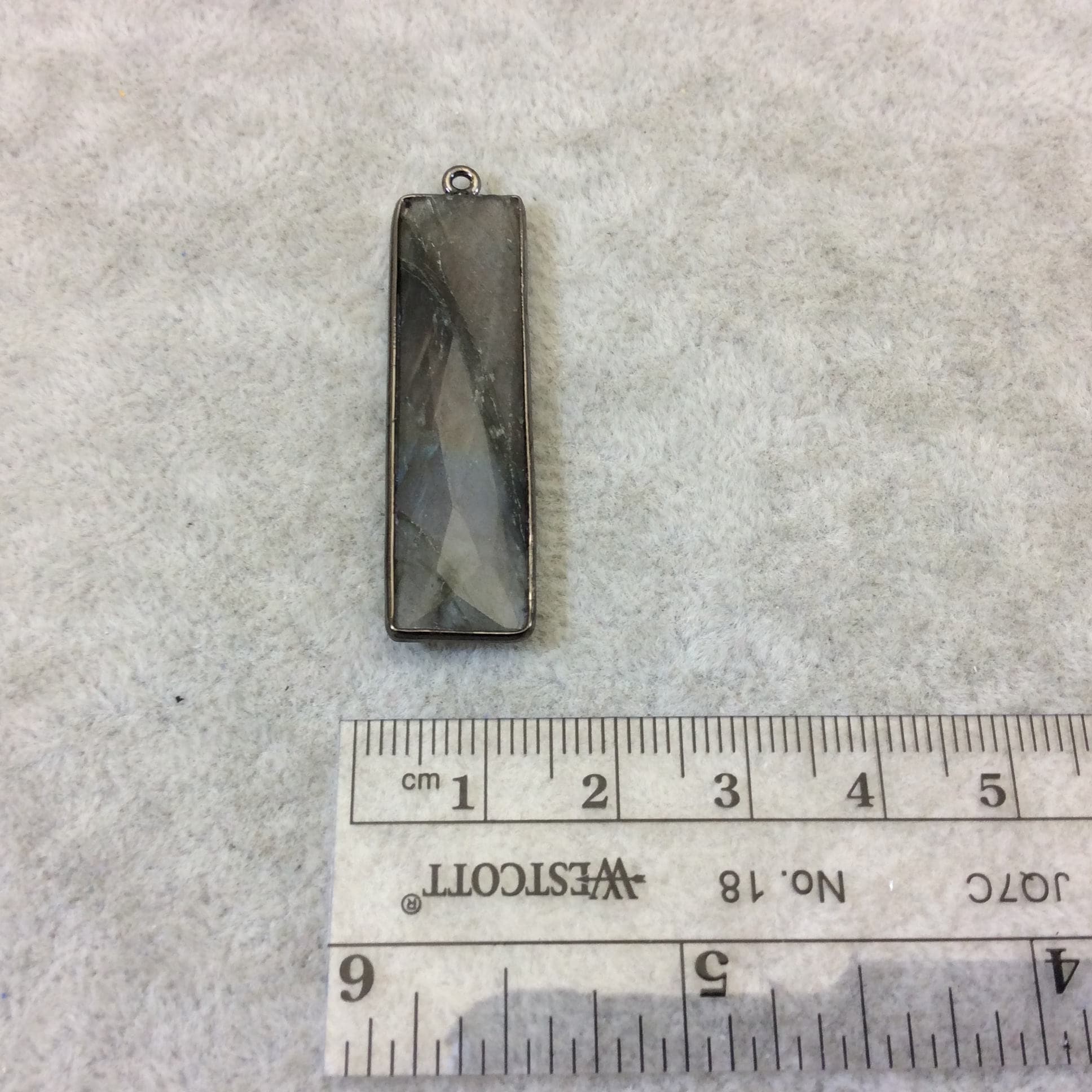 Labradorite Bezel | Gunmetal Plated Faceted Natural Rainbow Rectangle/Bar Shaped Pendant - ~ 10mm x 40mm -Sold Individually, Chosen Randomly