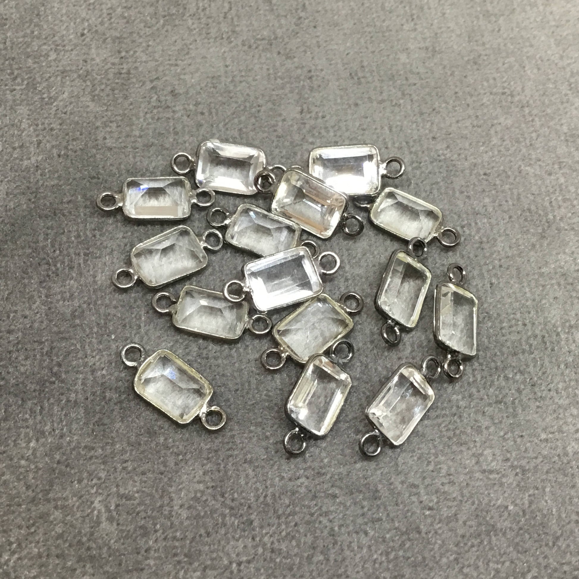 BULK PACK of Six (6) Gunmetal Sterling Silver Pointed/Cut Stone Faceted Rectangle Shaped Clear Quartz Bezel Connectors - Measuring 5mm x 7mm
