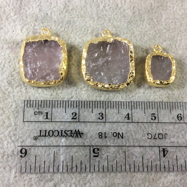 Jeweler's Lot  of Three Gold Electroformed Natural Rough Rose Quartz Freeform Pendants "RQE13"- ~  12mm - 20mm Long - Quality Raw Gemstone