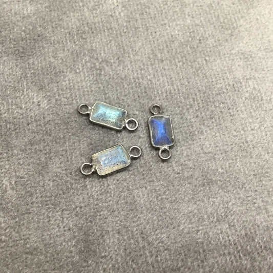 BULK PACK of Six (6) Gunmetal Sterling Silver Pointed/Cut Stone Faceted Rectangle Shaped Labradorite Bezel Connectors - Measuring 4mm x 6mm