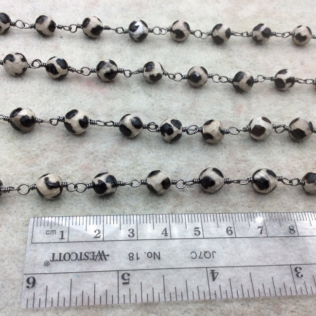 Gunmetal Plated Copper Wrapped Rosary Chain with 8mm  Faceted Black/Gray Spotted Agate Round Shaped Beads - Sold by the foot! (CH420-GM)
