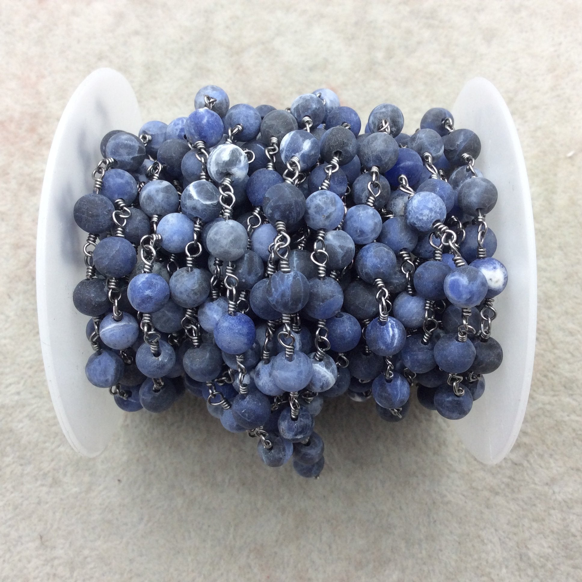 Gunmetal Plated Copper Rosary Chain with 6mm Matte Round Shaped Blue/White Sodalite Beads - Sold by the Foot! - Natural Beaded Chain