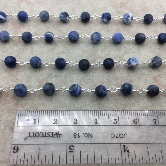 Silver Plated Copper Rosary Chain with 6mm Matte Round Shaped Blue/White Sodalite Beads - Sold by the Foot! - Natural Beaded Chain