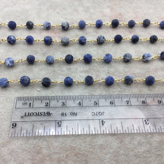 Gold Plated Copper Rosary Chain with 6mm Matte Round Shaped Blue/White Sodalite Beads - Sold by the Foot! - Natural Beaded Chain