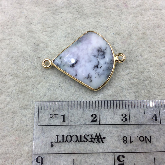 Gold Plated Faceted Natural Dendritic Opal Fan Shape Bezel Connector - Measures ~  20-22mm x 20-22mm - Sold Individually, Chosen Randomly