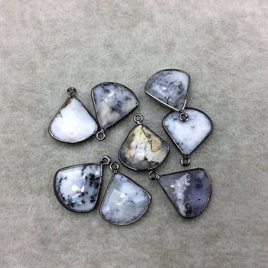 Gunmetal Plated Faceted Natural Dendritic Opal Fan Shape Bezel Pendant - Approx. 18mm x 18mm - Sold Individually, At Random