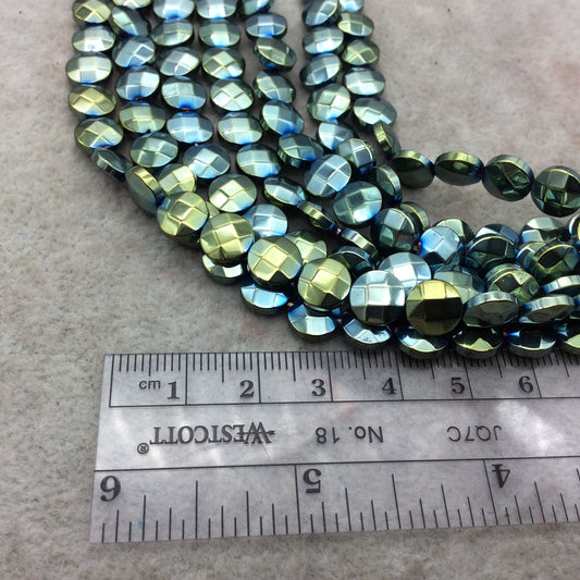 8mm Metallic Faceted Pale Teal Hematite Coin Shaped Beads - 15" Strand -  Approx. 48 Beads Per Strand - Semi-Precious Gemstone