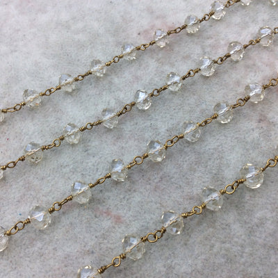 Gold Plated Copper Wrapped Rosary Chain with 6mm x 8mm Faceted Transparent Clear Glass Crystal Rondelle Beads- Sold By the Foot (CC68-01-GD)